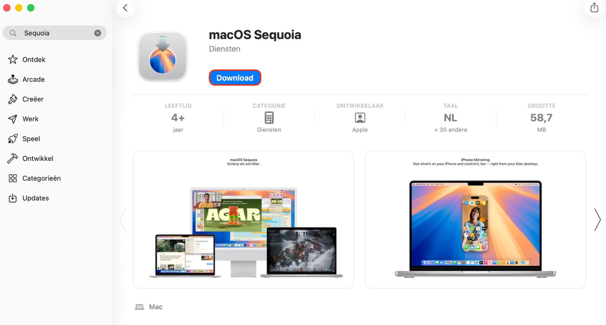 Klik op de knop Haal op om de nieuwste beschikbare macOS-versie voor je Mac te downloaden.