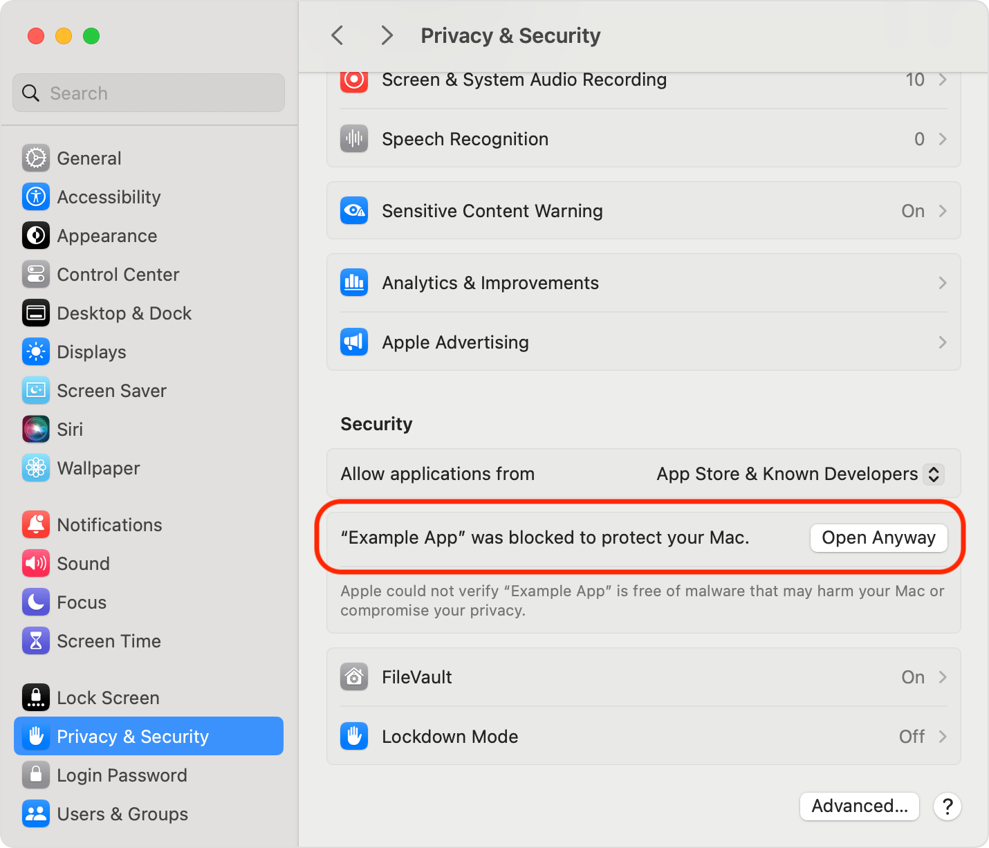 The Privacy & Security pane in macOS Tahoe System Settings with the Open Anyway button highlighted for a blocked launcher on a Mac.