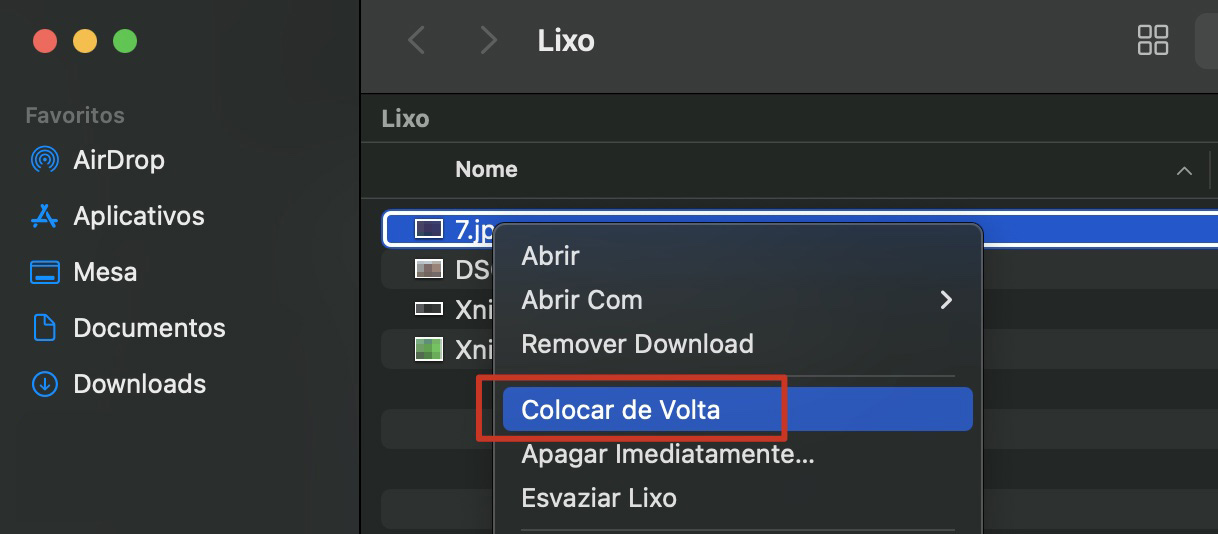 A pasta do Lixo no Mac contendo arquivos deletados. Clique com o botão direito em um arquivo que deseja recuperar e selecione Colocar de Volta.