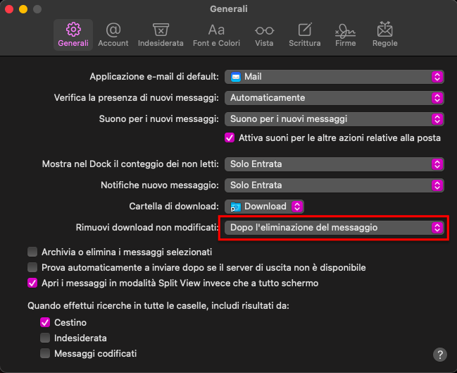 Selezionare l'opzione Dopo l'eliminazione del messaggio per eliminare gli allegati e la posta indesiderata dalla scheda Generali nelle Preferenze dell'applicazione Mail.