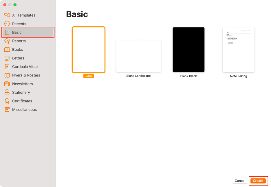 To create a new Pages file, open Pages on your Mac, choose Basic from the sidebar, select Blank, then click Create.
