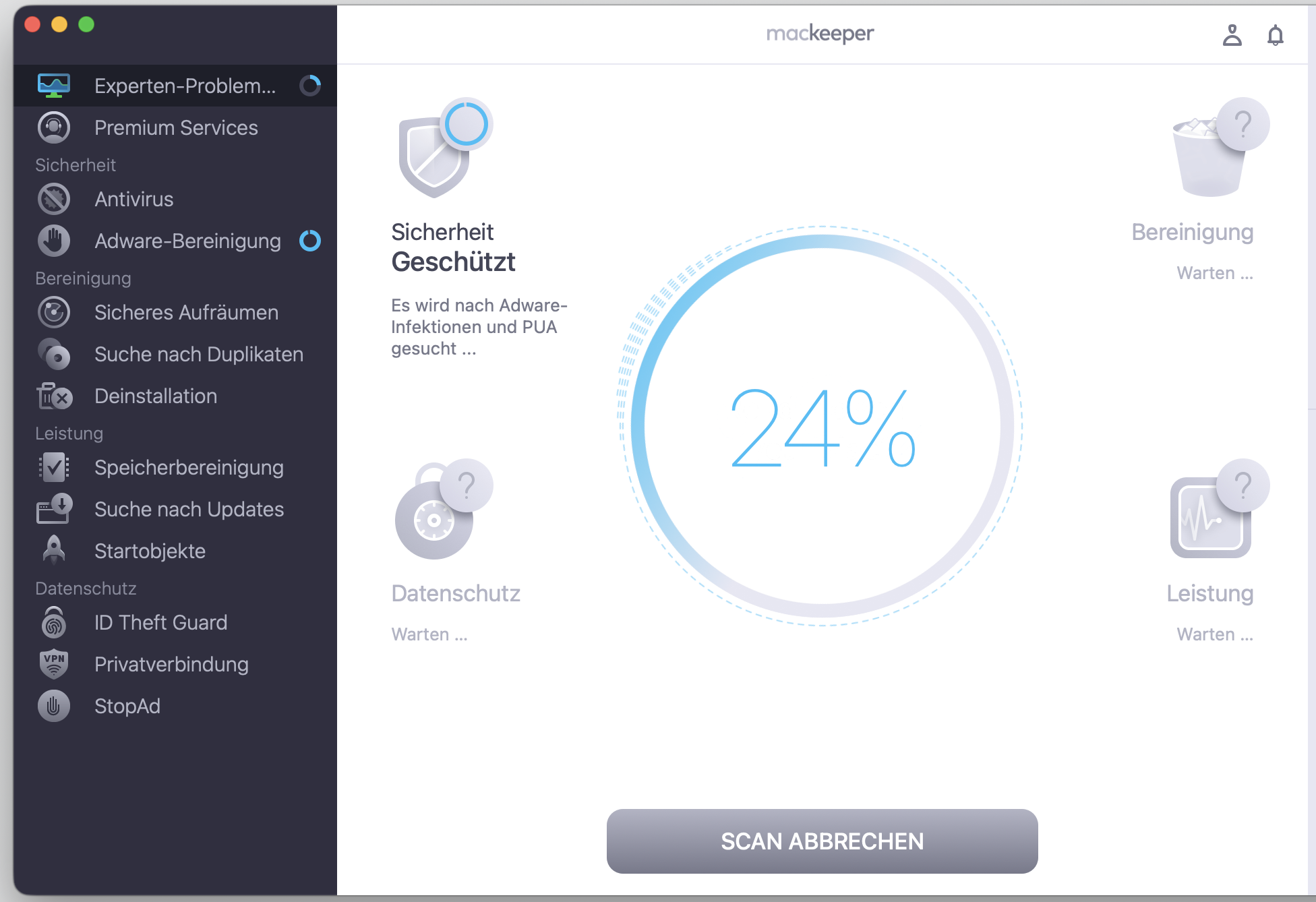 Um lokalen Speicher auf Ihrem Mac freizugeben, starten Sie einen Scan mit Sicheres Aufräumen von MacKeeper. Dies kann bei dem Problem helfen, dass iCloud Drive den lokalen Speicher auf dem Mac belegt.