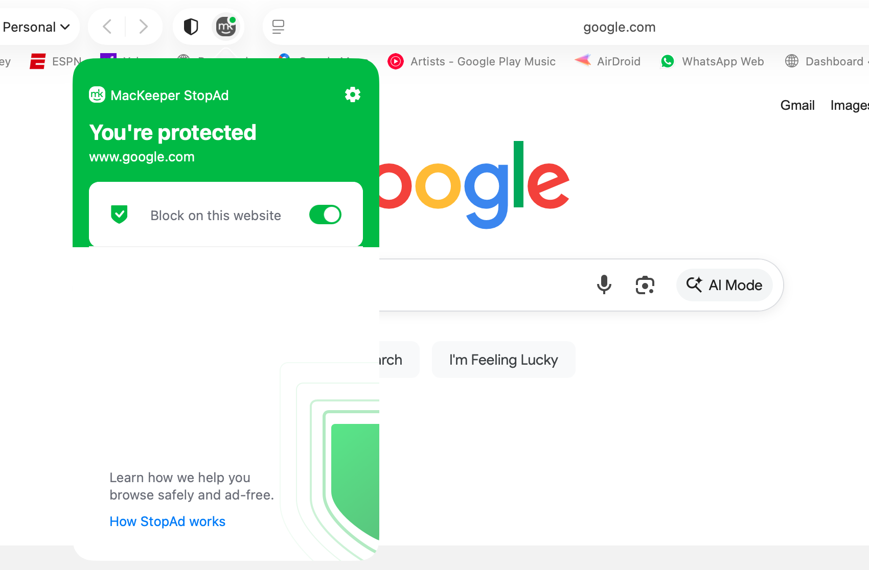 Return to Safari on your Mac, and you'll see a MacKeeper icon on the left side of your URL bar. Click this icon, and you'll be able to see that StopAd is working and choose what it does on the current page.