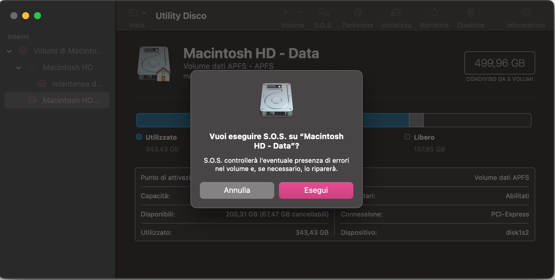Una richiesta di conferma per S.O.S. in Utility Disco su Mac. Se stai cercando come riparare file danneggiati su Mac, esegui S.O.S. in Utility Disco per risolvere gli errori dell’unità.