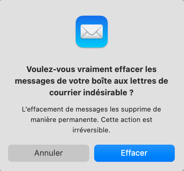 Une fenêtre contextuelle dans l'application Mail demandant à l'utilisateur de confirmer qu'il souhaite effacer le courrier indésirable. Comment vider les caches Mail sur Apple.
