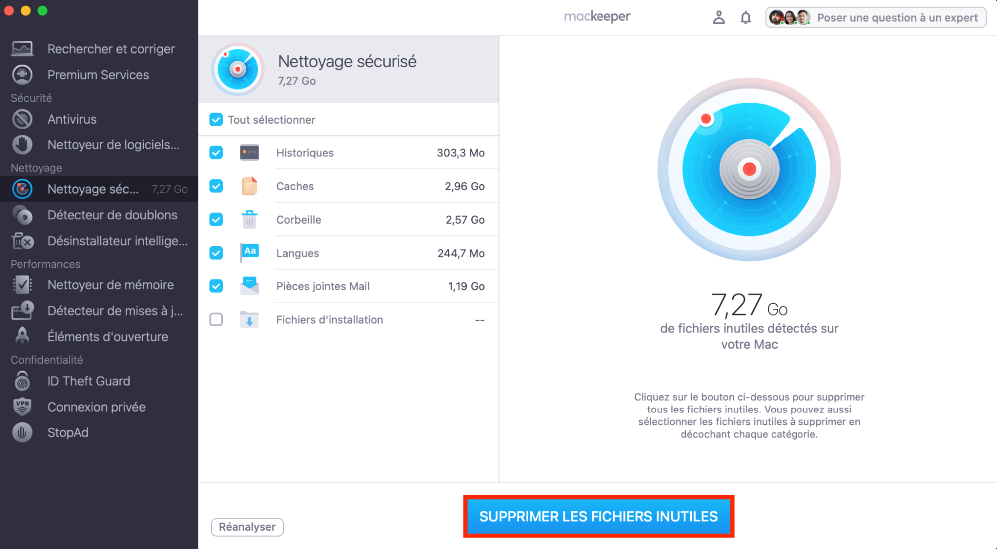 Pour libérer de l’espace sur votre Mac, lancez une analyse avec le Nettoyage sécurisé de MacKeeper. Cela peut vous aider à résoudre le problème de stockage causé par iCloud Drive sur votre Mac.