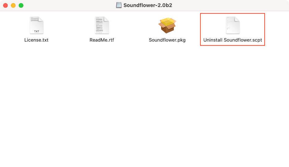 To uninstall Soundflower from your Mac using the official uninstaller script, open the installation package, then double-click on the Uninstall Soundflower.scpt file.