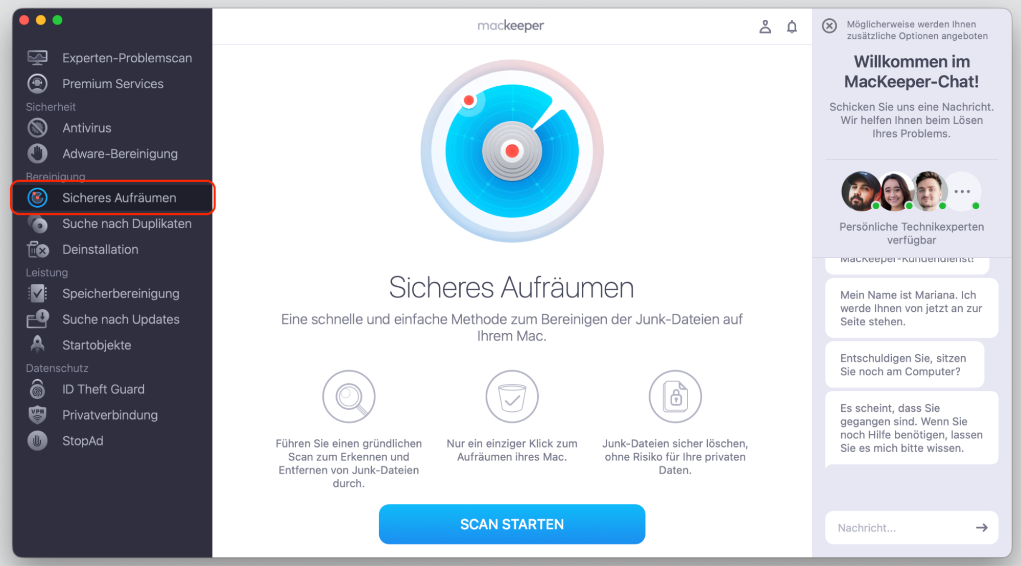 Um MacKeeper zu verwenden, um Cookies und Cache des Browsers von Ihrem Mac zu löschen, öffnen Sie einfach MacKeeper, wählen Sie Sicheres Aufräumen in der Seitenleiste aus und klicken Sie auf Scan starten.