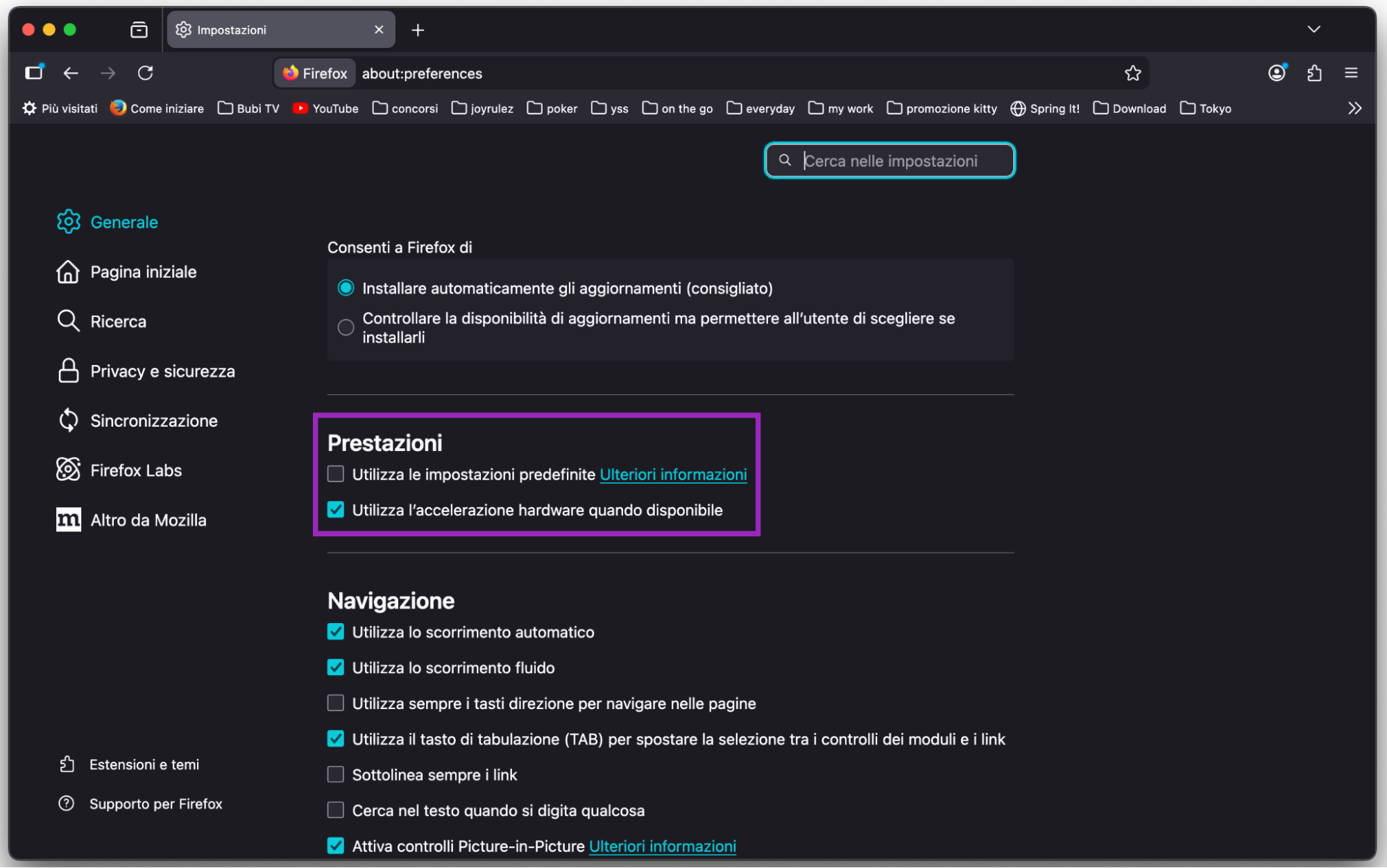 Pagina Impostazioni di Firefox su Mac con la sezione Prestazioni evidenziata, parte delle istruzioni per risolvere il problema dello schermo del MacBook che fa glitch.