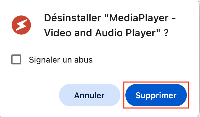 Fenêtre de confirmation. La case encadrée en rouge permet de supprimer définitivement l’extension de Google Chrome. Fenêtre de confirmation. La case encadrée en rouge permet de supprimer définitivement l’extension de Google Chrome.
