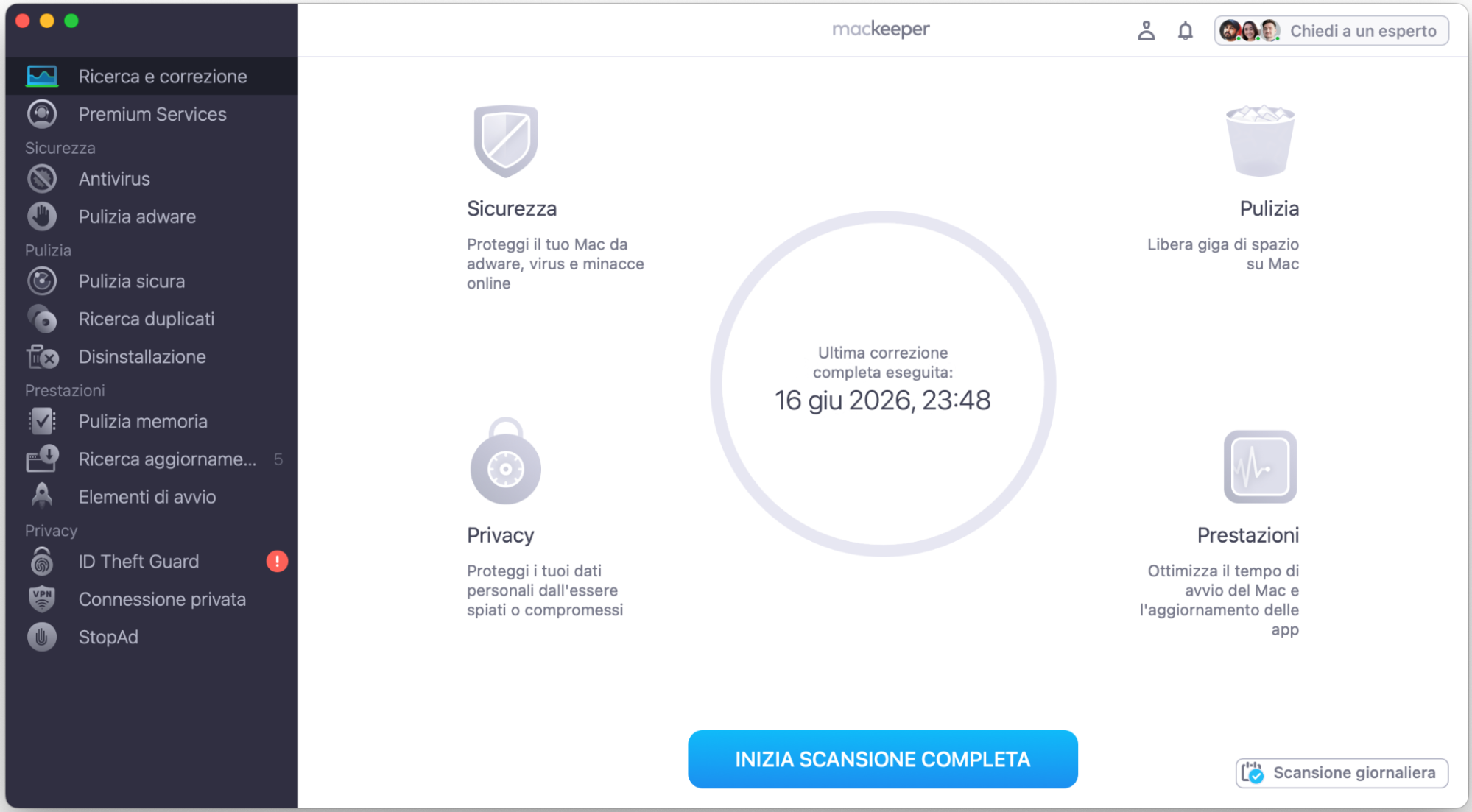 Inizia eseguendo la scansione del software del tuo Mac per individuare eventuali problemi. Avvia MacKeeper e apri Ricerca e Correzione, clicca su Inizia scansione completa.