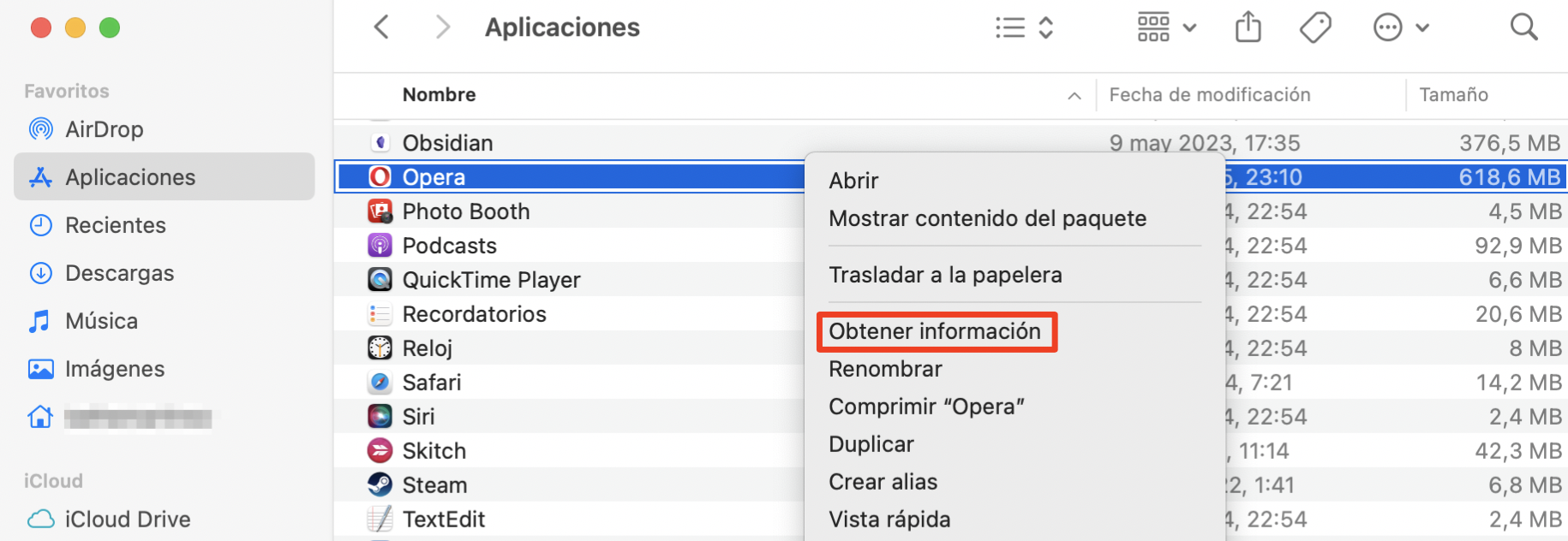 Después de seleccionar la aplicación problemática, haz clic en «Obtener información» para abrir una aplicación utilizando Rosetta en un Mac.