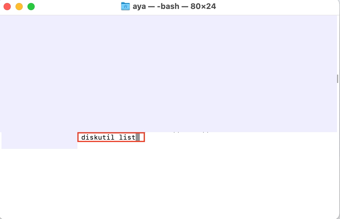 The Terminal window is opened on a Mac computer. Enter the Terminal command diskutil list to unmount your disk via Terminal.