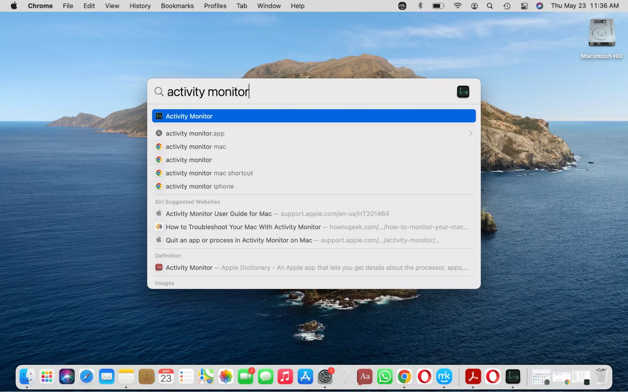Spotlight search is opened on a Mac. To quit the tccd process on your Mac, open Activity Monitor using the Spotlight search function.