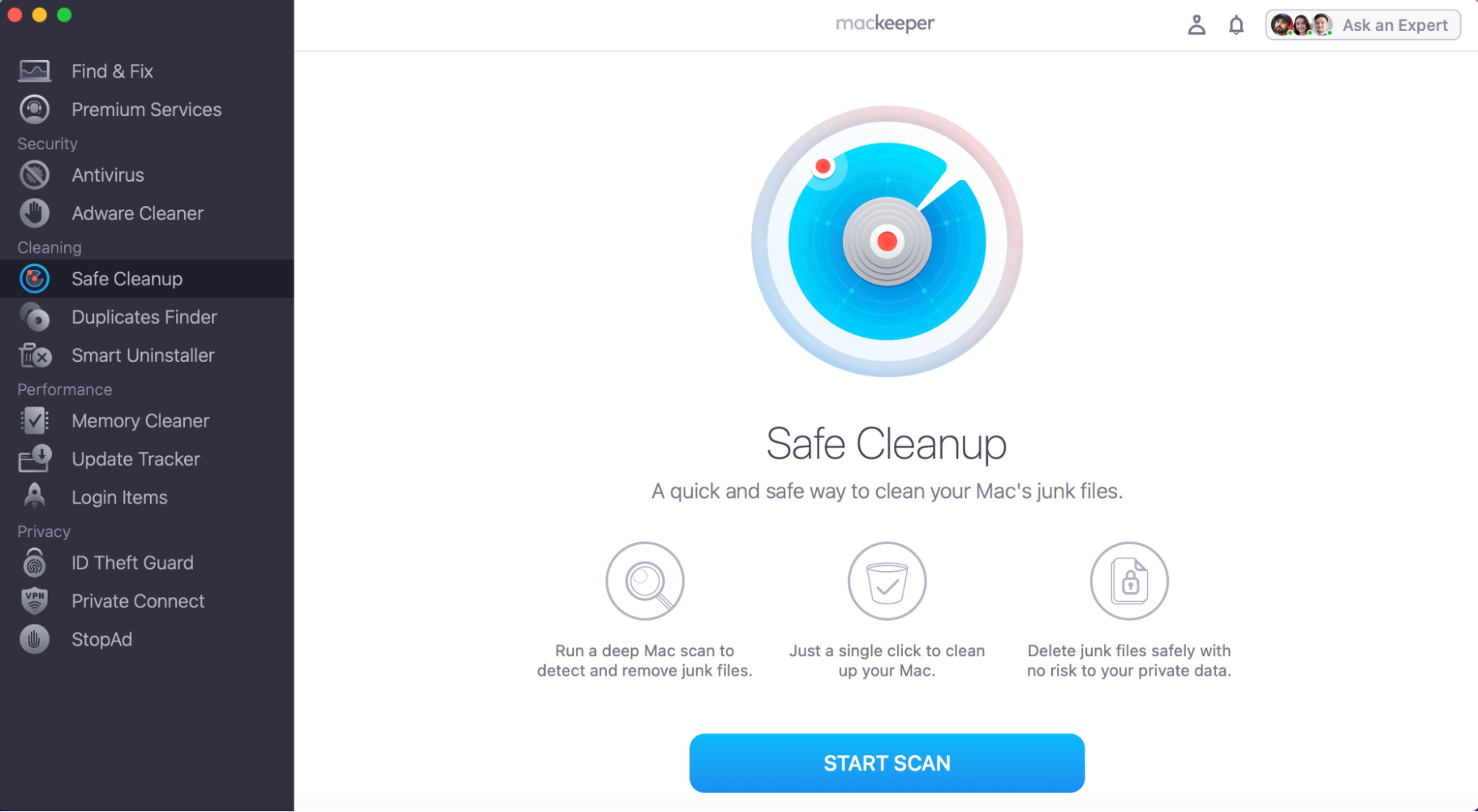 If you want to free up space on your device to improve macOS Monterey or Sonoma stability, MacKeeper can help. In the MacKeeper app, go to Safe Cleanup and press Start Scan.