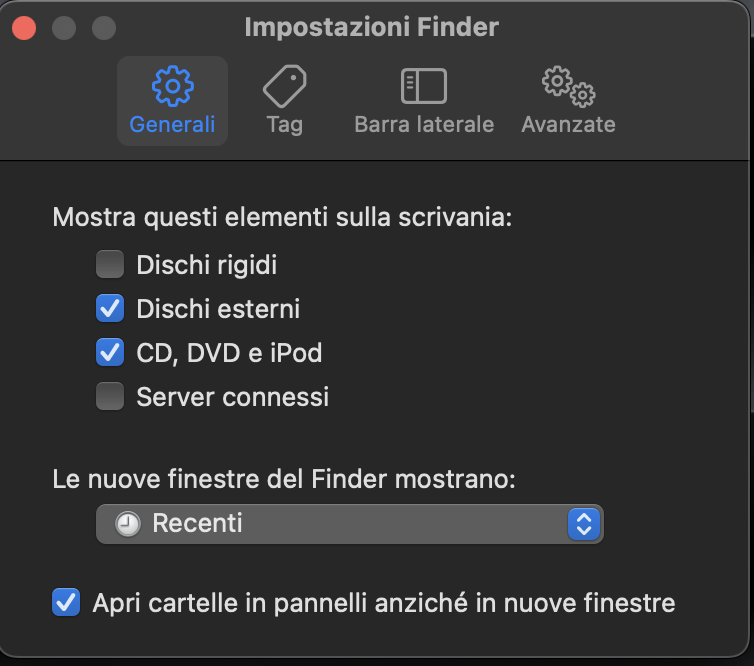 Nella finestra Impostazioni del Finder, fai clic sulla scheda Generale, quindi in Mostra questi elementi sul desktop, assicurati che sia selezionata la casella Dischi esterni.