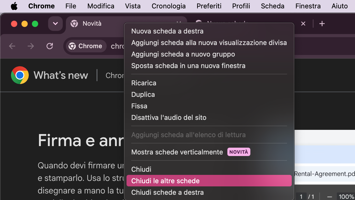 In Chrome, fai clic con il tasto destro in un punto qualsiasi della barra delle schede, quindi scegli Chiudi le altre schede per chiudere rapidamente tutte le schede tranne quella attiva.