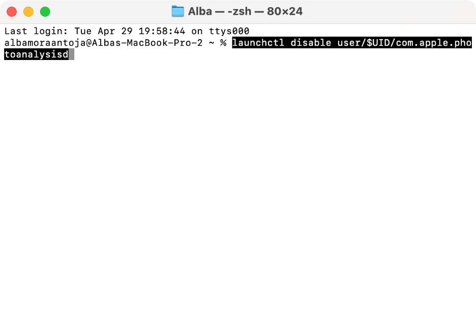 To deactivate photolibraryd on Mac, type the command, then hit Enter.