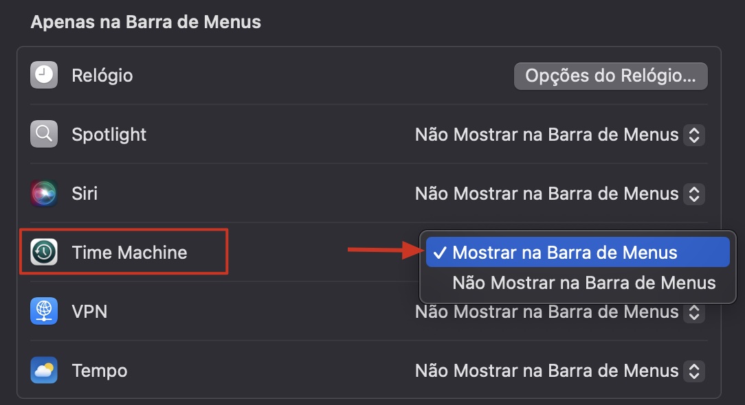 Nas configurações do Time Machine, marque a caixa ao lado de Mostrar na Barra de Menus, clique no ícone do aplicativo no menu superior e selecione a opção Entrar no Time Machine.