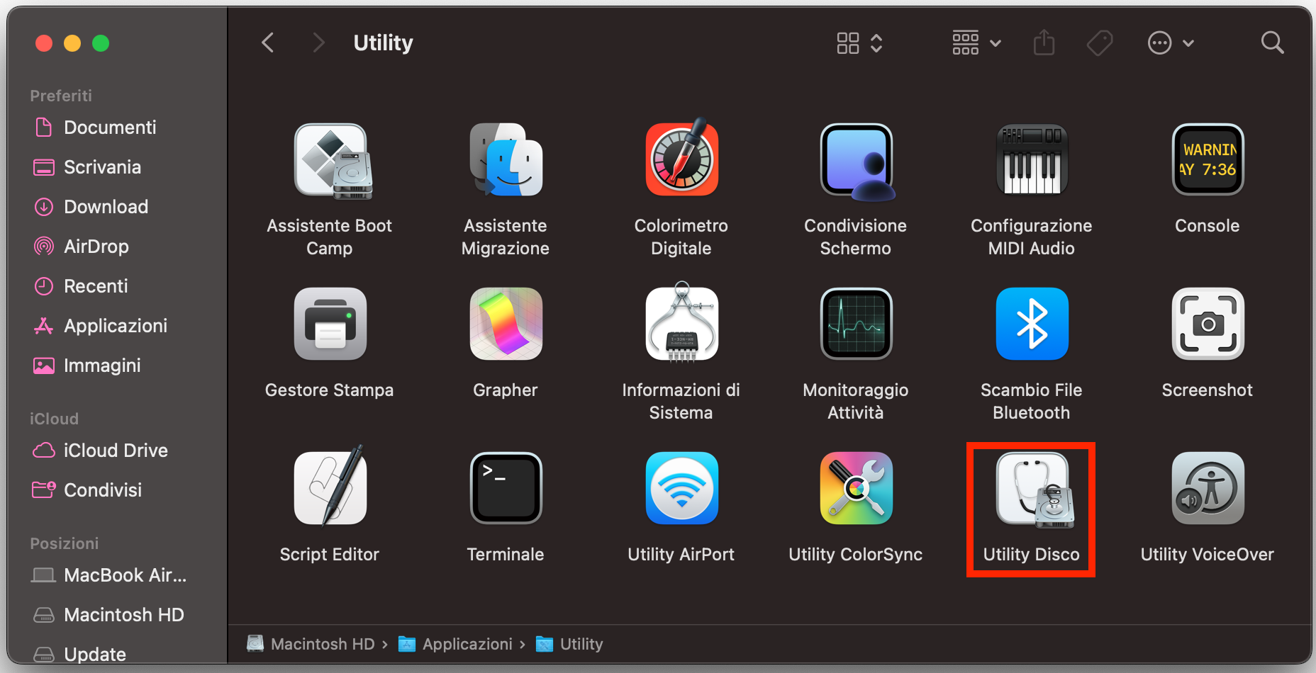 Per riparare l’unità del Mac, avvia Utility Disco.