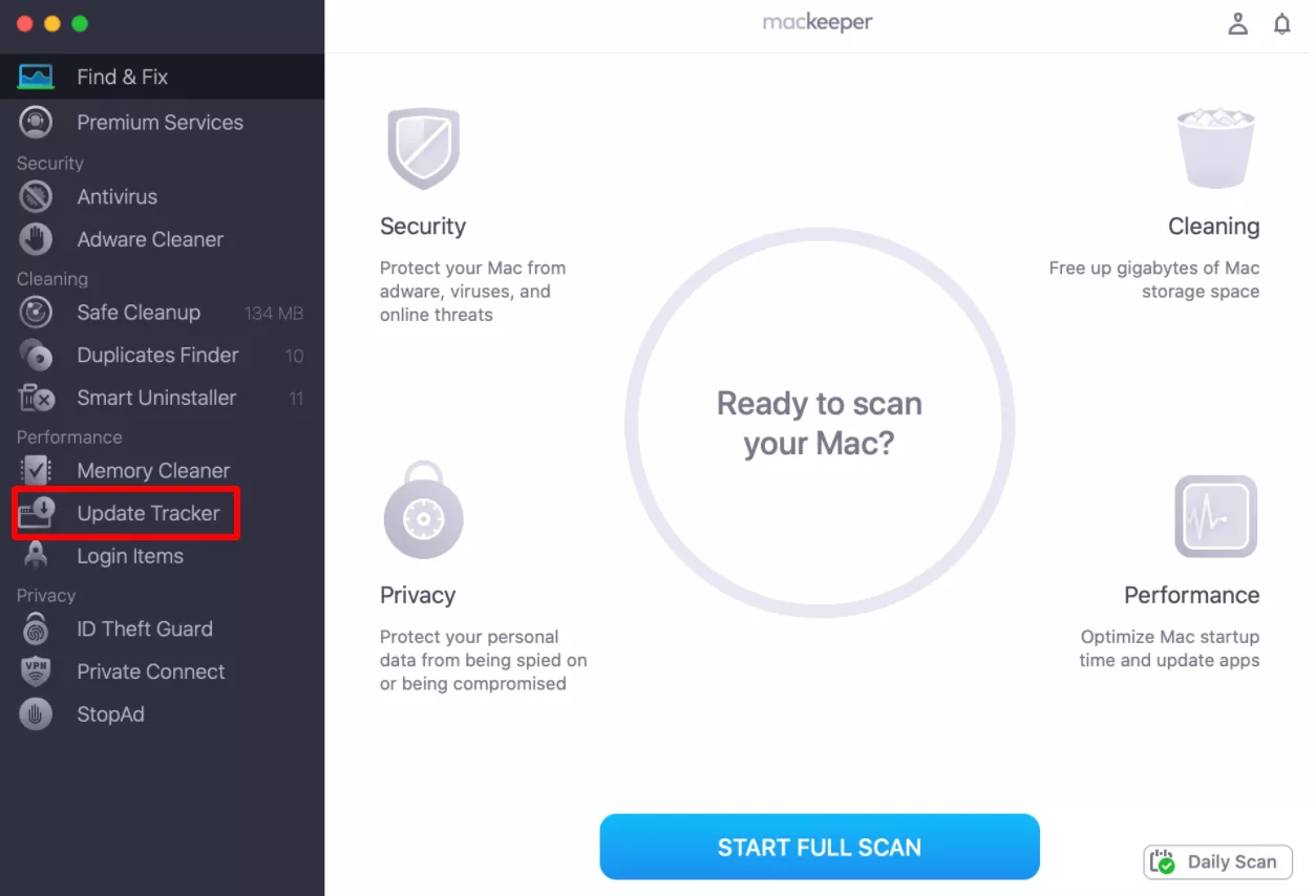 MacKeeper is opened on a Mac. Select the Update Tracker when you get the message A software update is required to use this startup disk.