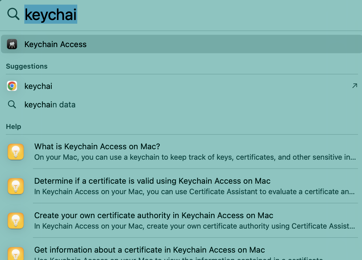 Spotlight search on Mac showing a search result for Keychain. When your Mac Keychain password is not working, open the Keychain app and change your password.