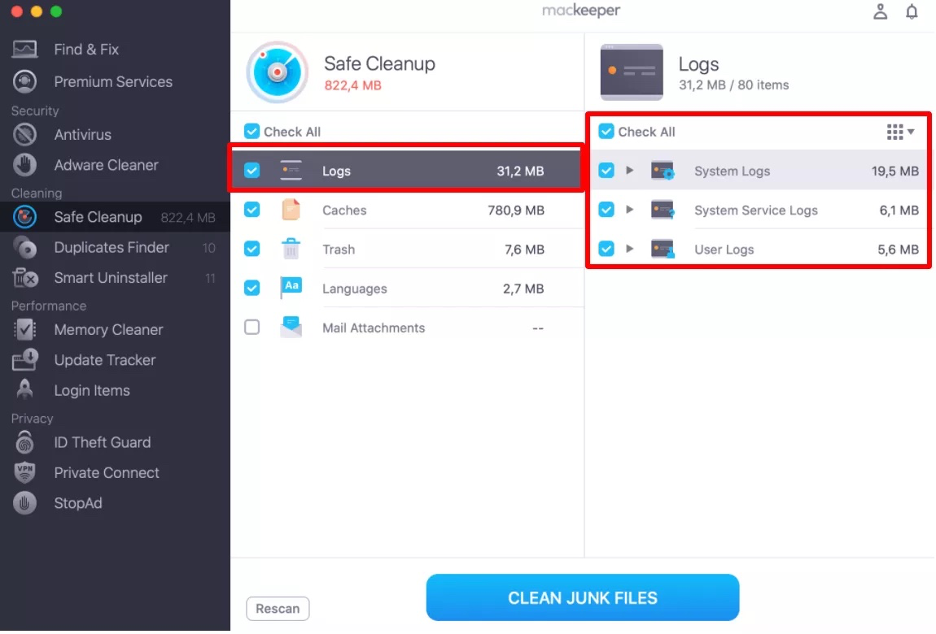  To remove junk files on your Mac using MacKeeper's Safe Cleanup, select them first.