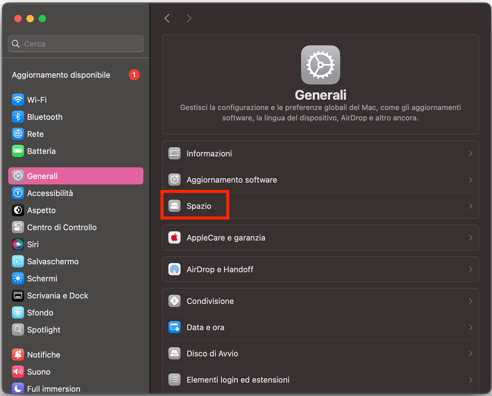 Se iCloud Drive occupa troppo spazio su Mac, apri la sezione Spazio nelle impostazioni Generali.