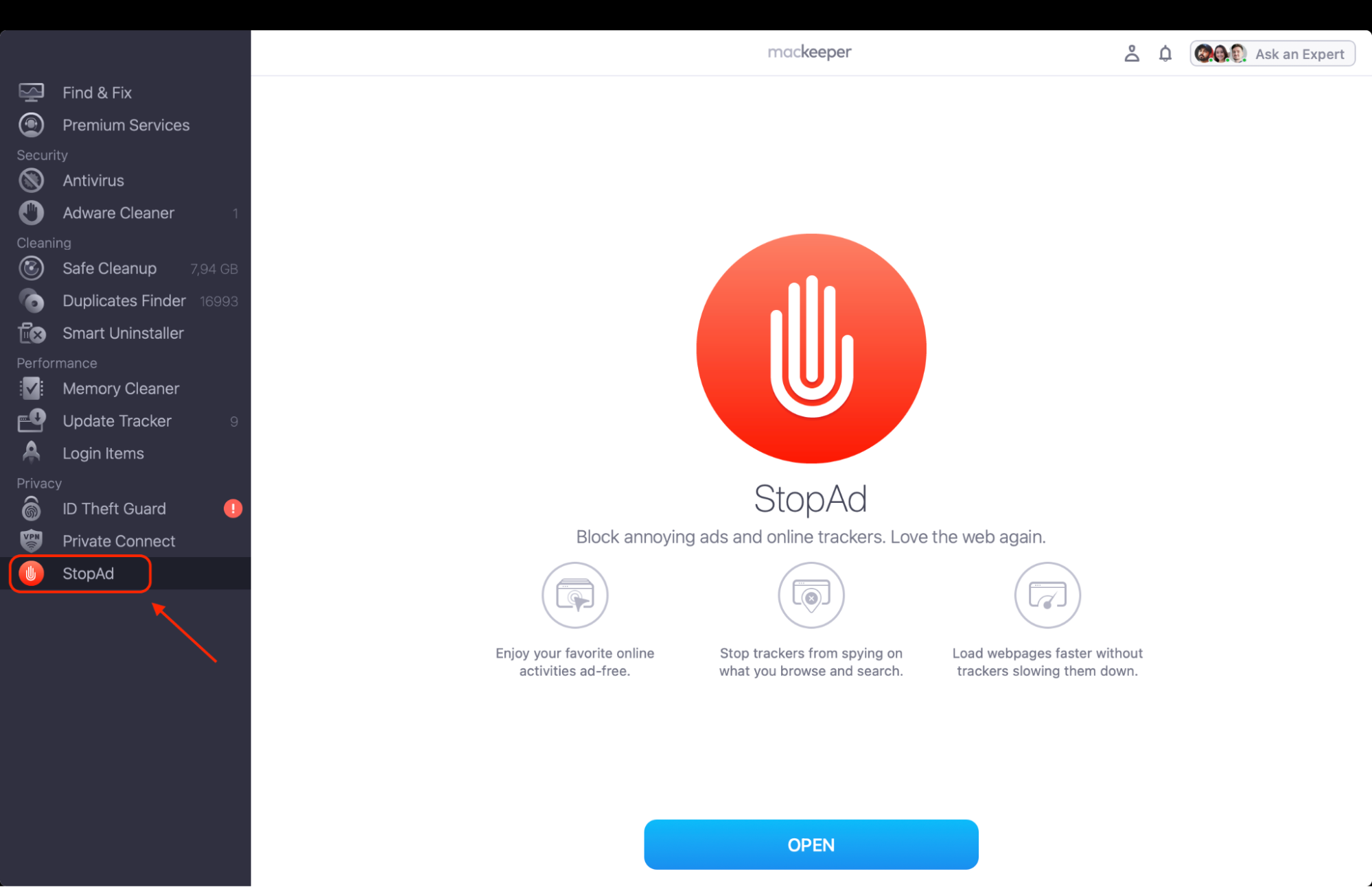 Launch the app and click on StopAd in the left-hand menu to begin managing ad-blocking and browser privacy settings.