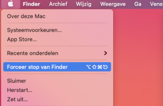 Sluit de Finder-app geforceerd af door op het Apple-menu te klikken en de toetsen Option + Shift ingedrukt te houden. Klik vervolgens in het uitklapmenu op Forceer stop Finder.