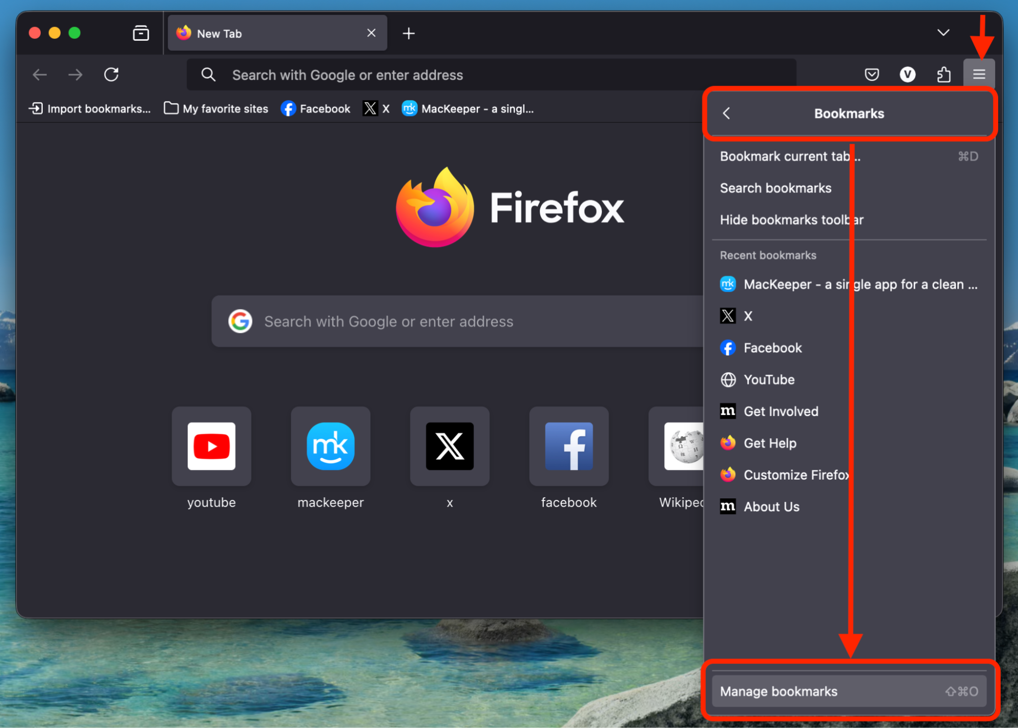 The next step is to export bookmarks manually. For this, navigate to Bookmarks › Manage Bookmarks from the Applications menu on your Mac.