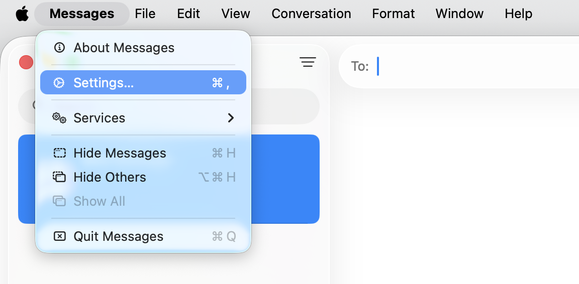 Messages app on a MacBook with the Settings menu opened from the menu bar to verify Apple Account details for iMessage on macOS.