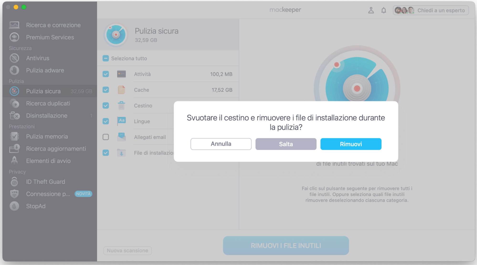 Seleziona Rimuovi dal pop-up per svuotare il Cestino in modo sicuro.