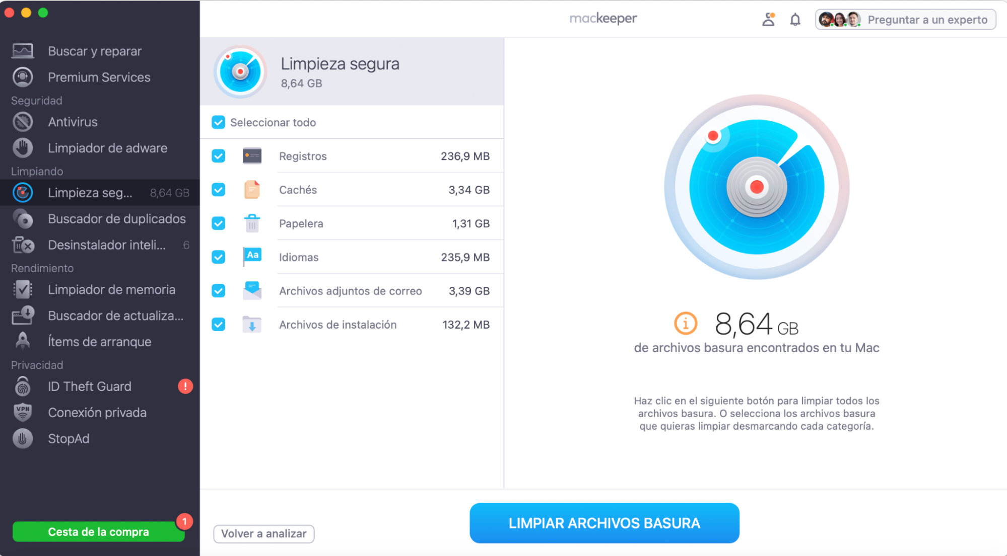 La herramienta Limpieza segura es sólo una de las muchas otras características de MacKeeper. Ofrece una limpieza en profundidad del dispositivo mediante la eliminación de registros no deseados, caché y otra basura innecesaria que está ocupando todo el espacio en tu dispositivo Macintosh.