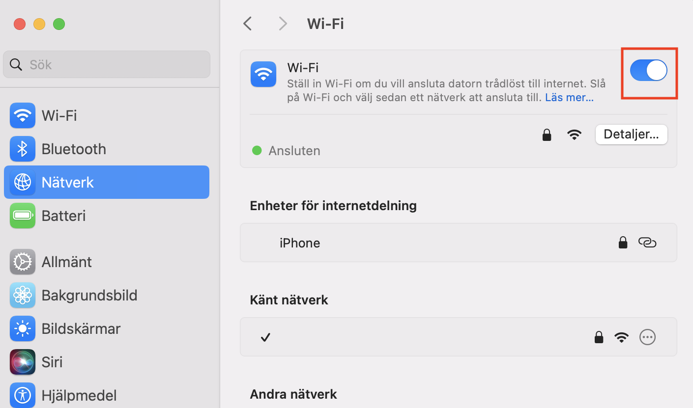 Att stänga av och sätta på Wi-Fi är enkelt. Du klickar bara på skjutreglaget för att aktivera och inaktivera din Wi-Fi-anslutning.