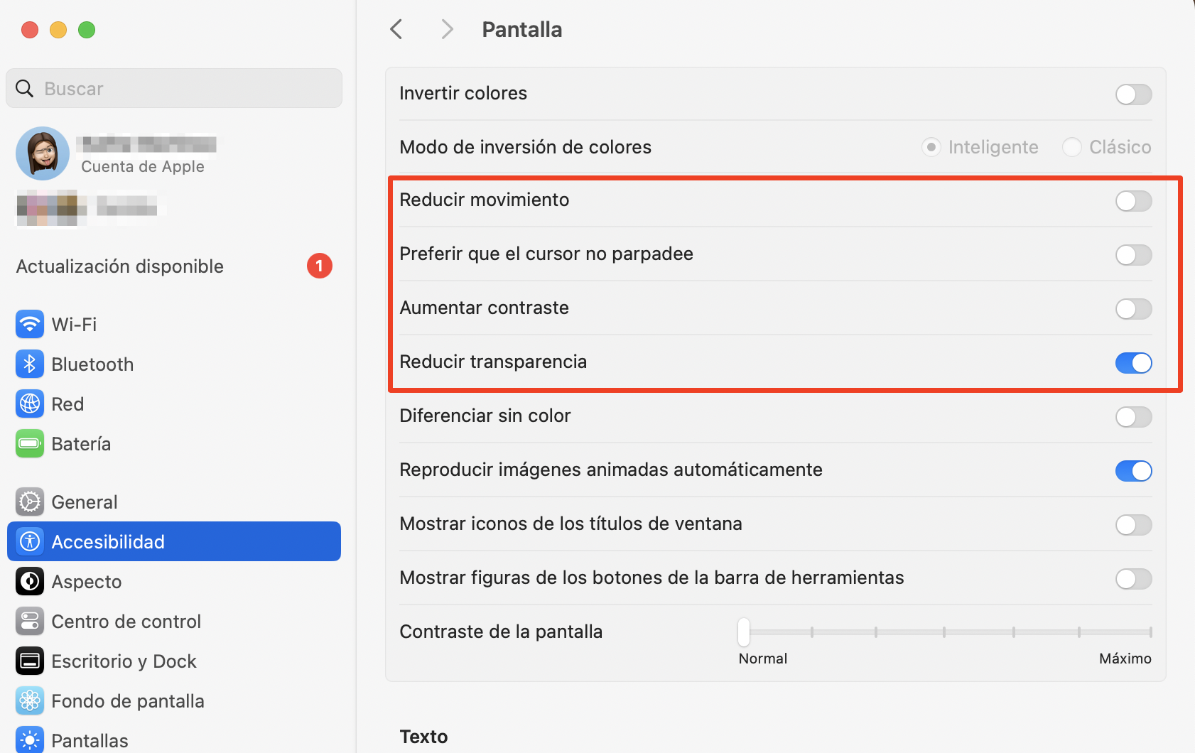 El menú Accesibilidad de macOS Monterey muestra todas las opciones de visualización. Selecciona Reducir movimiento y Reducir transparencia para desactivarlas.