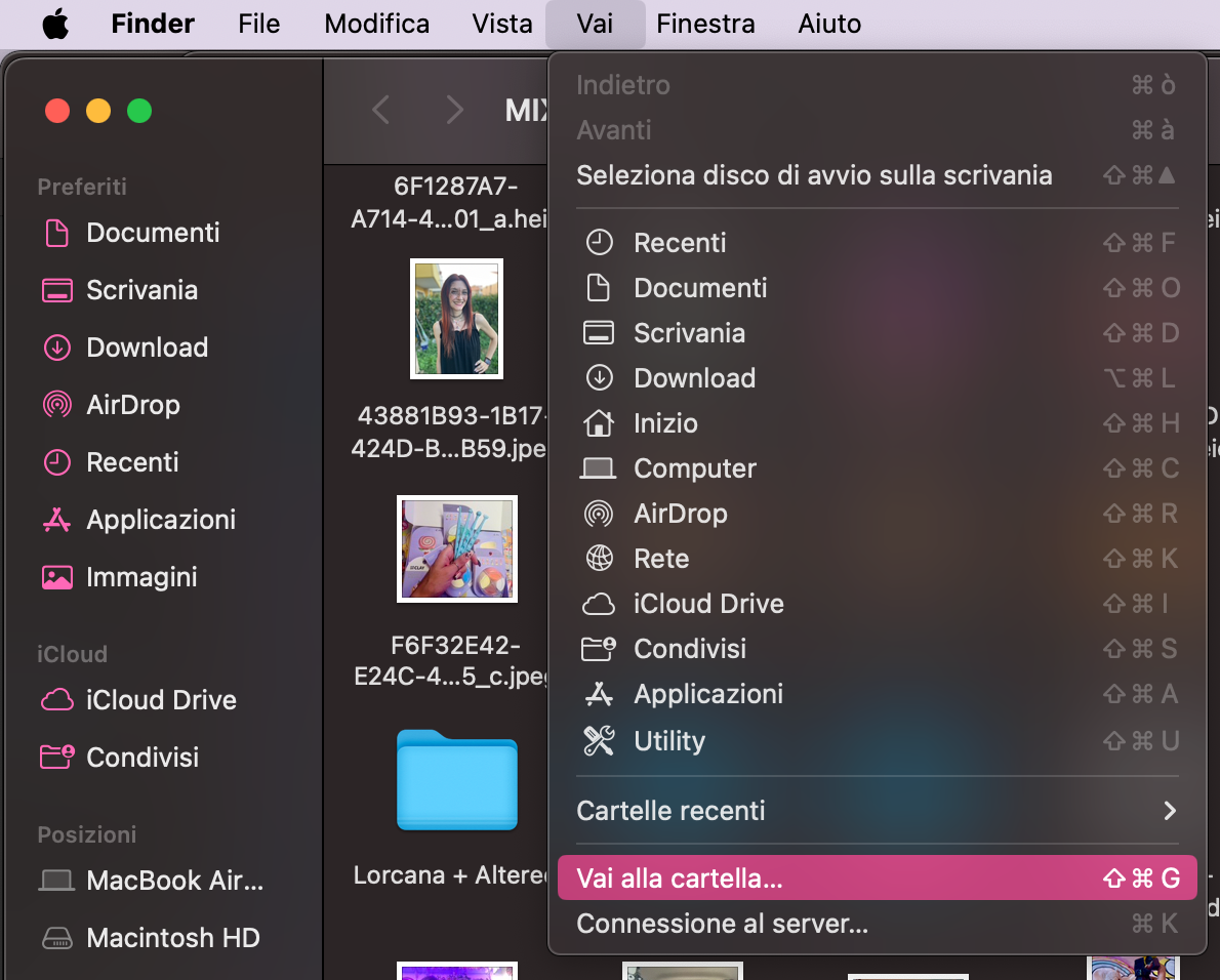 Per iniziare a cercare le cache sul tuo Mac, apri Finder. Tocca Vai nella barra dei menu, quindi seleziona Vai alla cartella per proseguire.