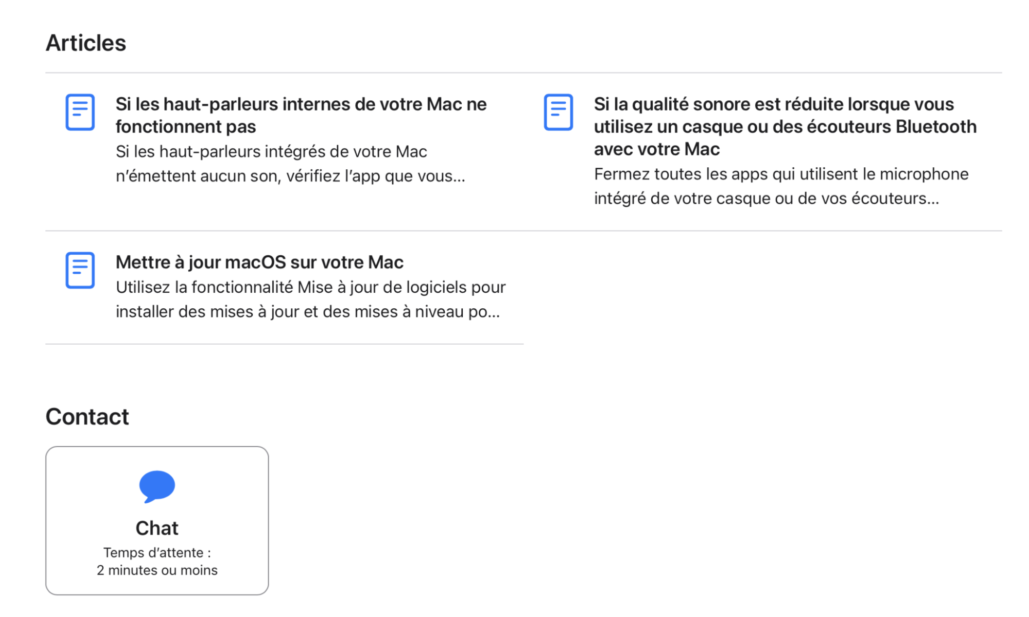 Rubrique Son de l’Assistance Apple. Les options Chat et Appel sont proposées pour entrer en lien avec un agent d’assistance d’Apple. Rubrique Son de l’Assistance Apple. Les options Chat et Appel sont proposées pour entrer en lien avec un agent d’assistance d’Apple.