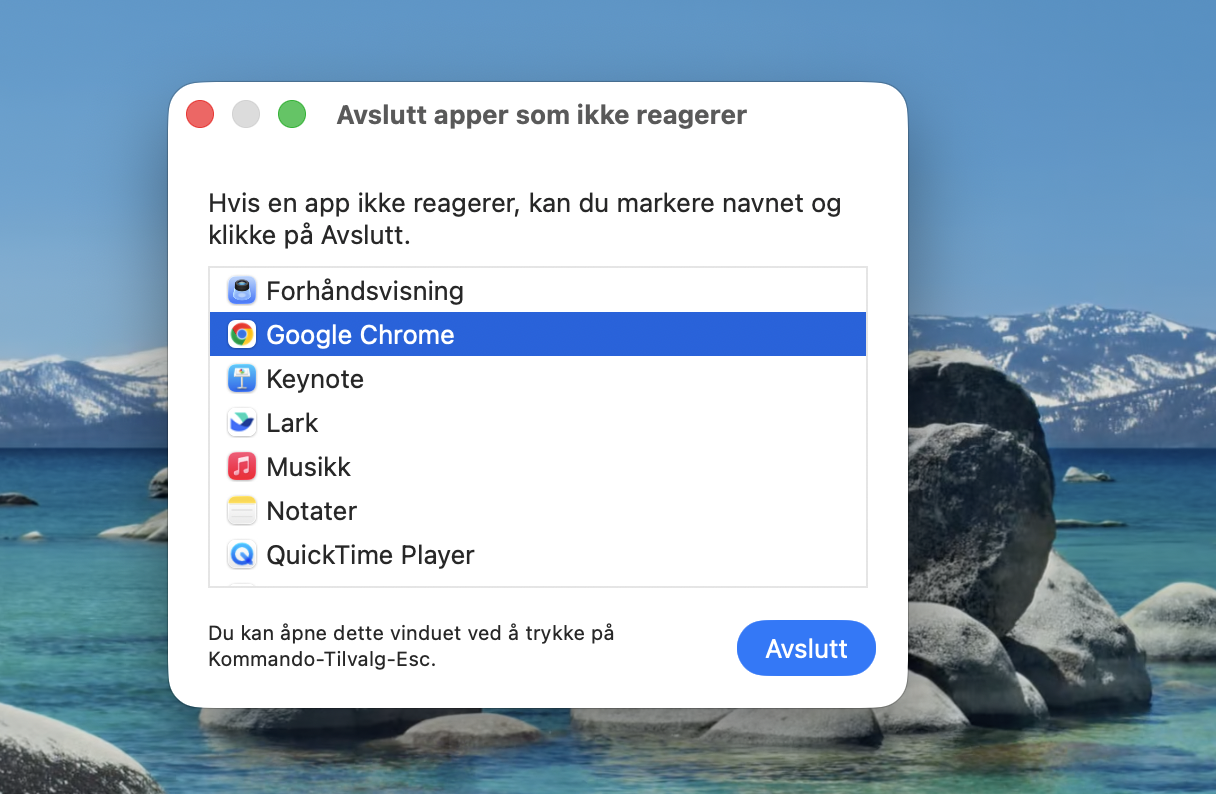 Hvis du tvinger avslutning av en app via Apple-menyen, velg appen som ikke svarer i vinduet Tving avslutning av programmer, og trykk deretter på Tving avslutning.