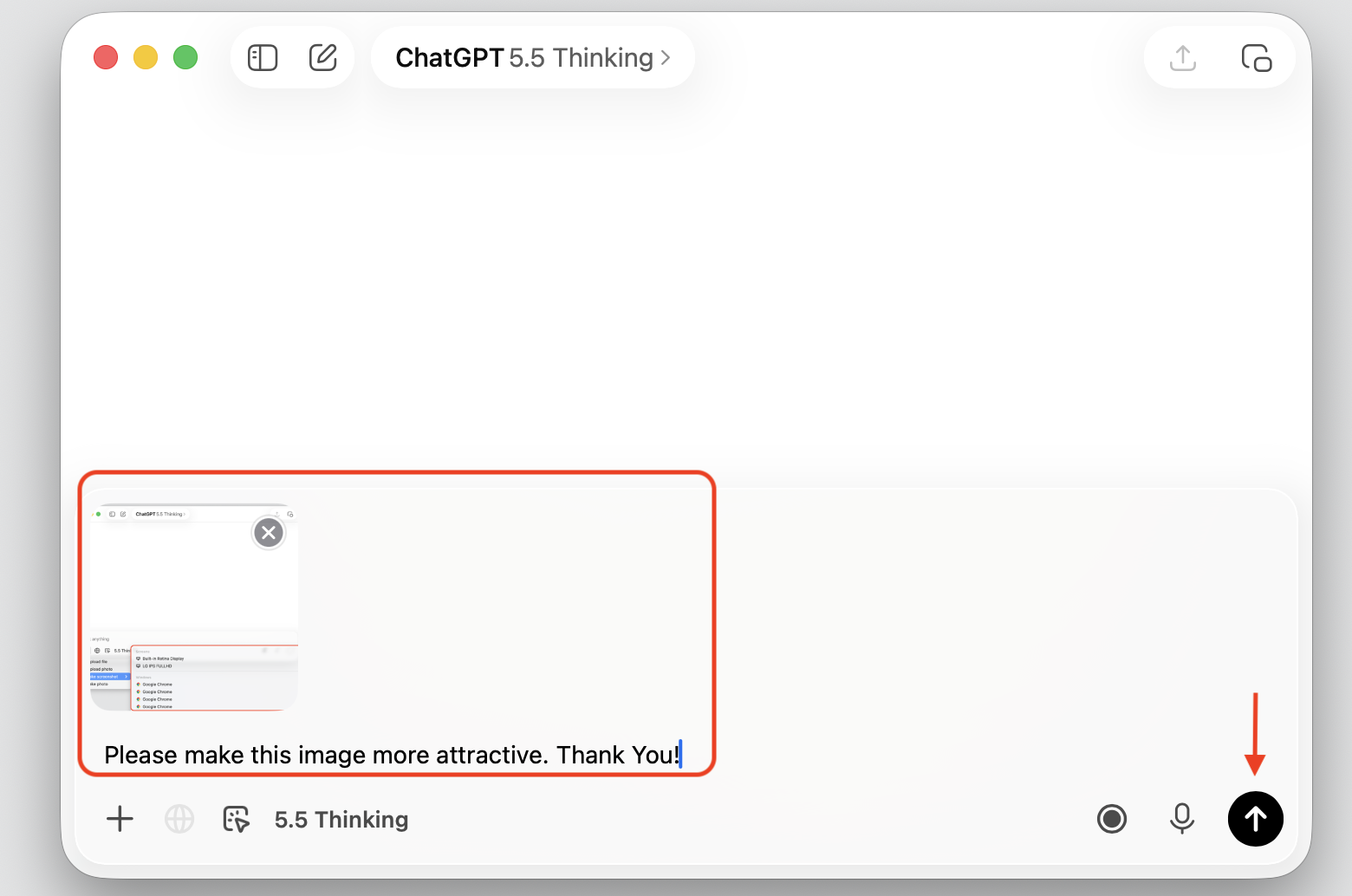 ChatGPT macOS app on a Mac with a screenshot in the message field and a typed prompt, ready to press Return to send them together.