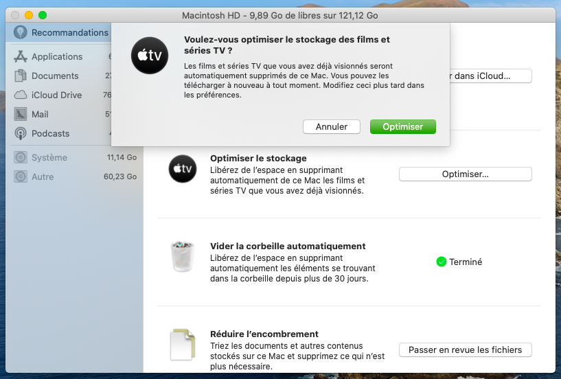 Pour lancer le processus d'optimisation de stockage sur votre Mac, cliquez sur Optimiser.