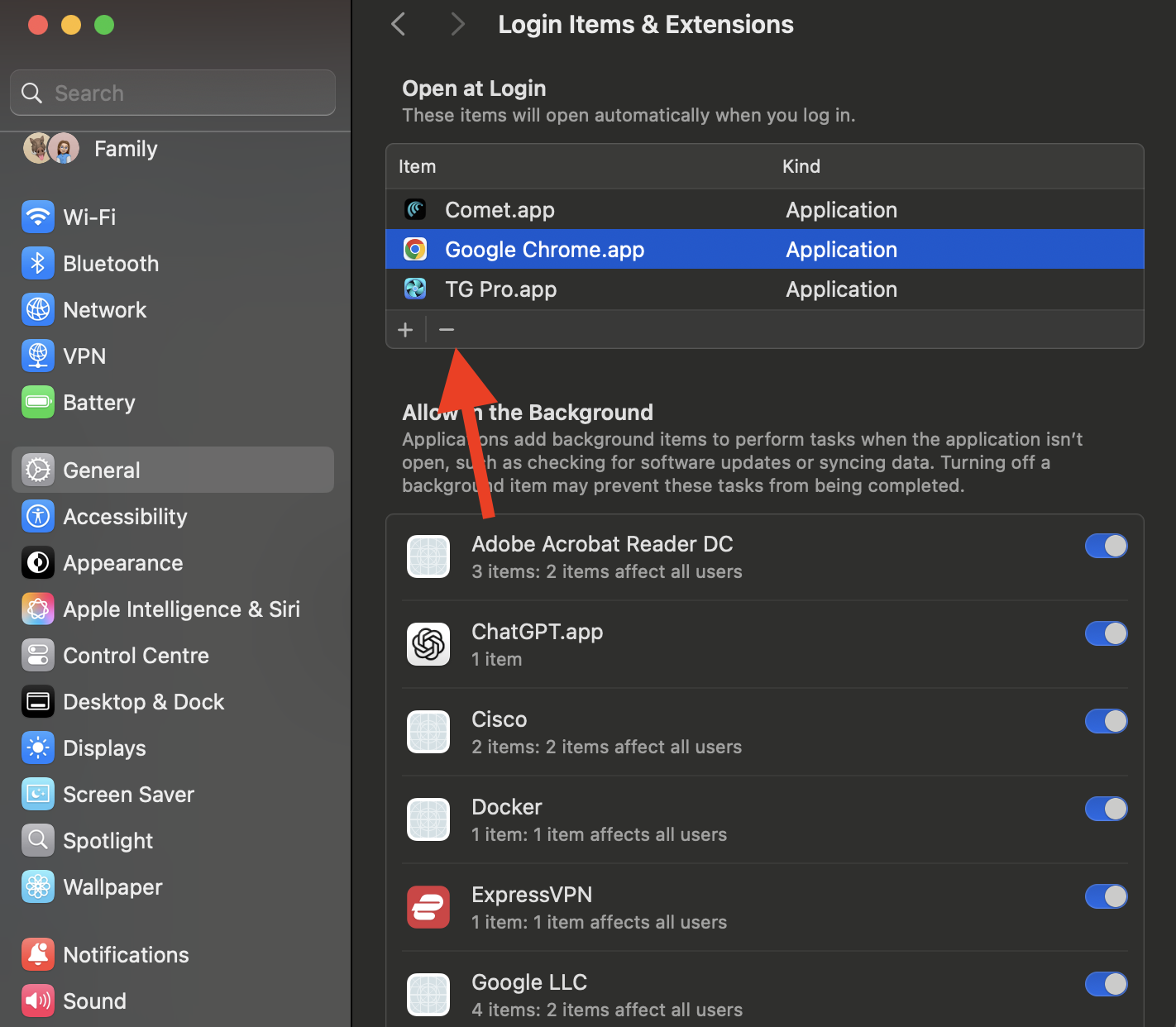 Login Items and Extensions pane in System Settings on macOS Sequoia with Google Chrome listed and the minus button highlighted on a MacBook.