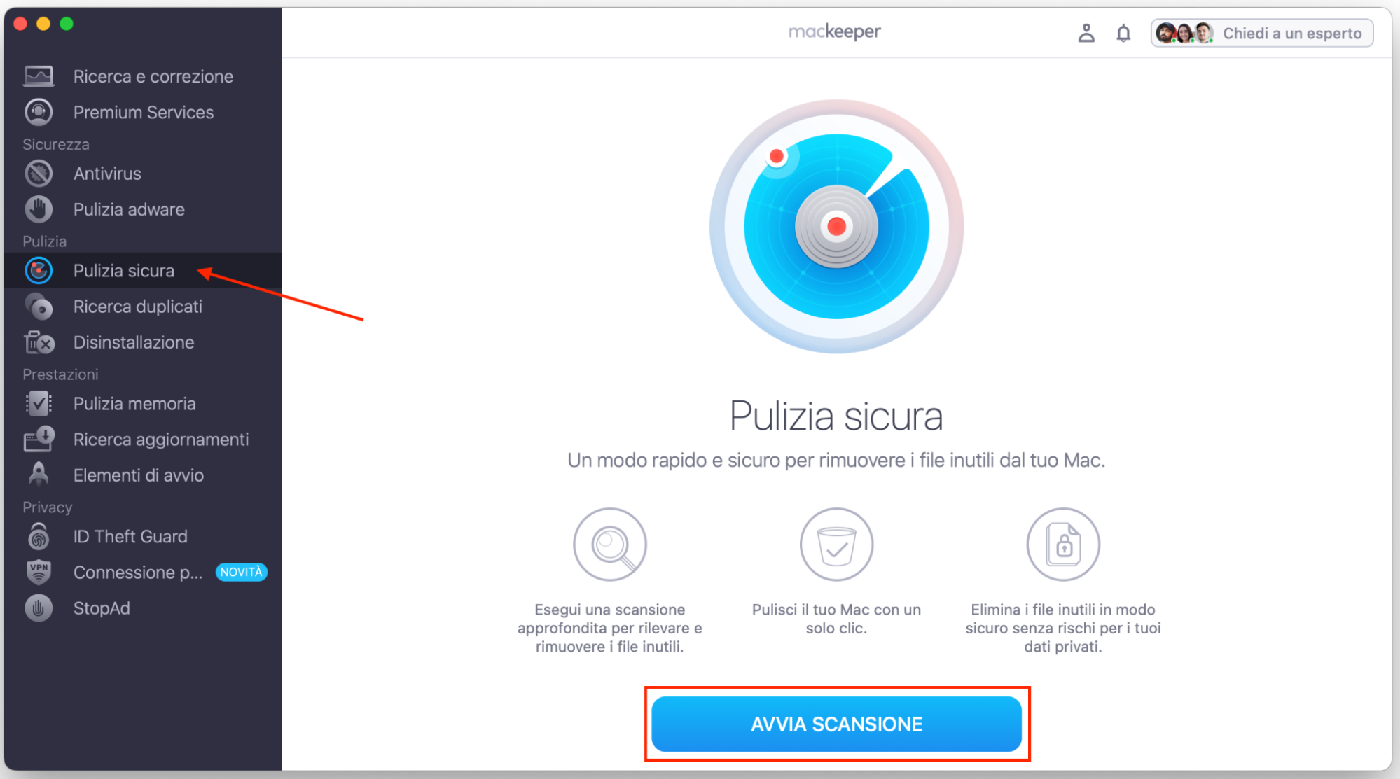 La funzione Pulizia Sicura di MacKeeper analizza il tuo Mac alla ricerca di dati superflui che puoi eliminare in sicurezza, aiutandoti a velocizzare il sistema. Fai clic sul pulsante Avvia scansione per iniziare.