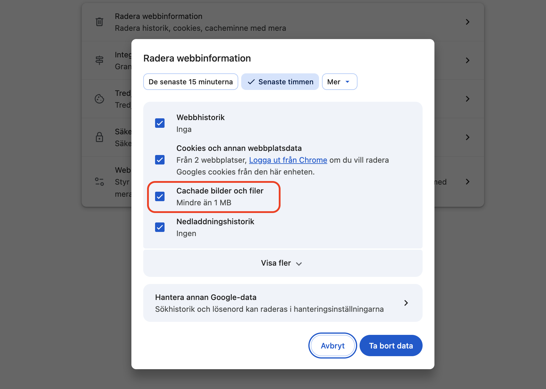 Google Chrome på Mac visar menyn Radera webbinformation. Markera Cachade bilder och filer, klicka sedan på knappen Ta bort data.