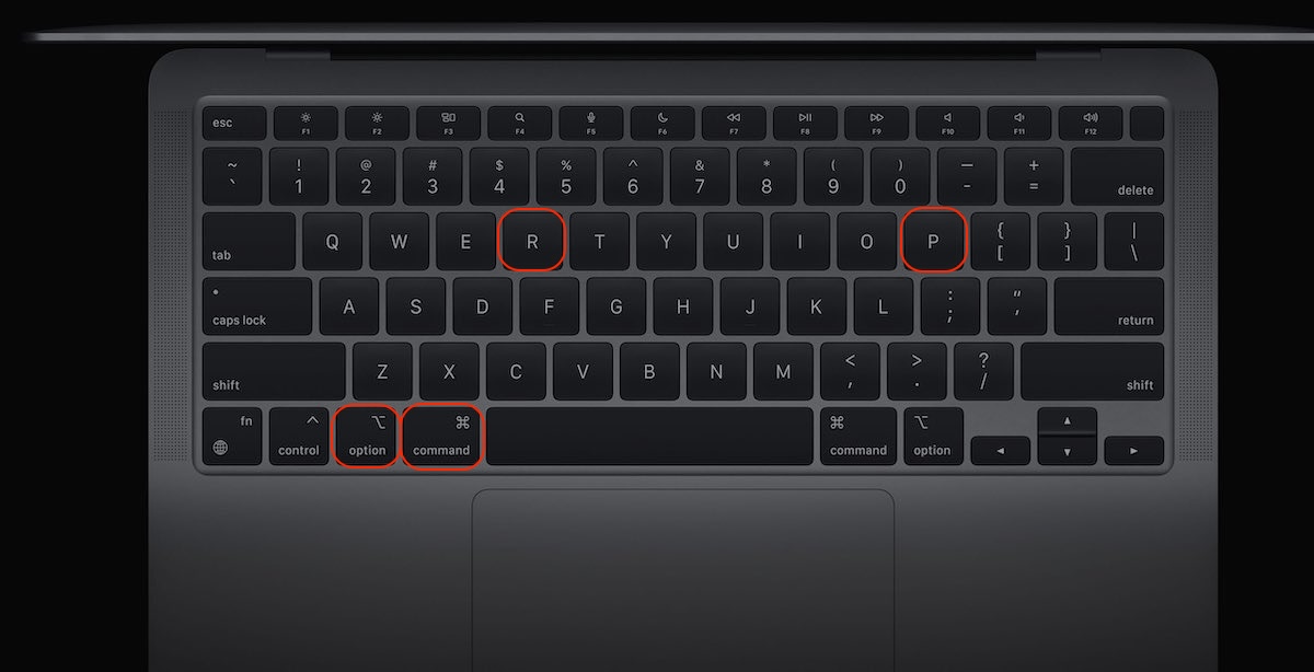 A MacBook keyboard showing the keys you need to hold to reset the Mac's NVRAM. Try this when your Mac HDMI is not working as it can help fix hardware issues.