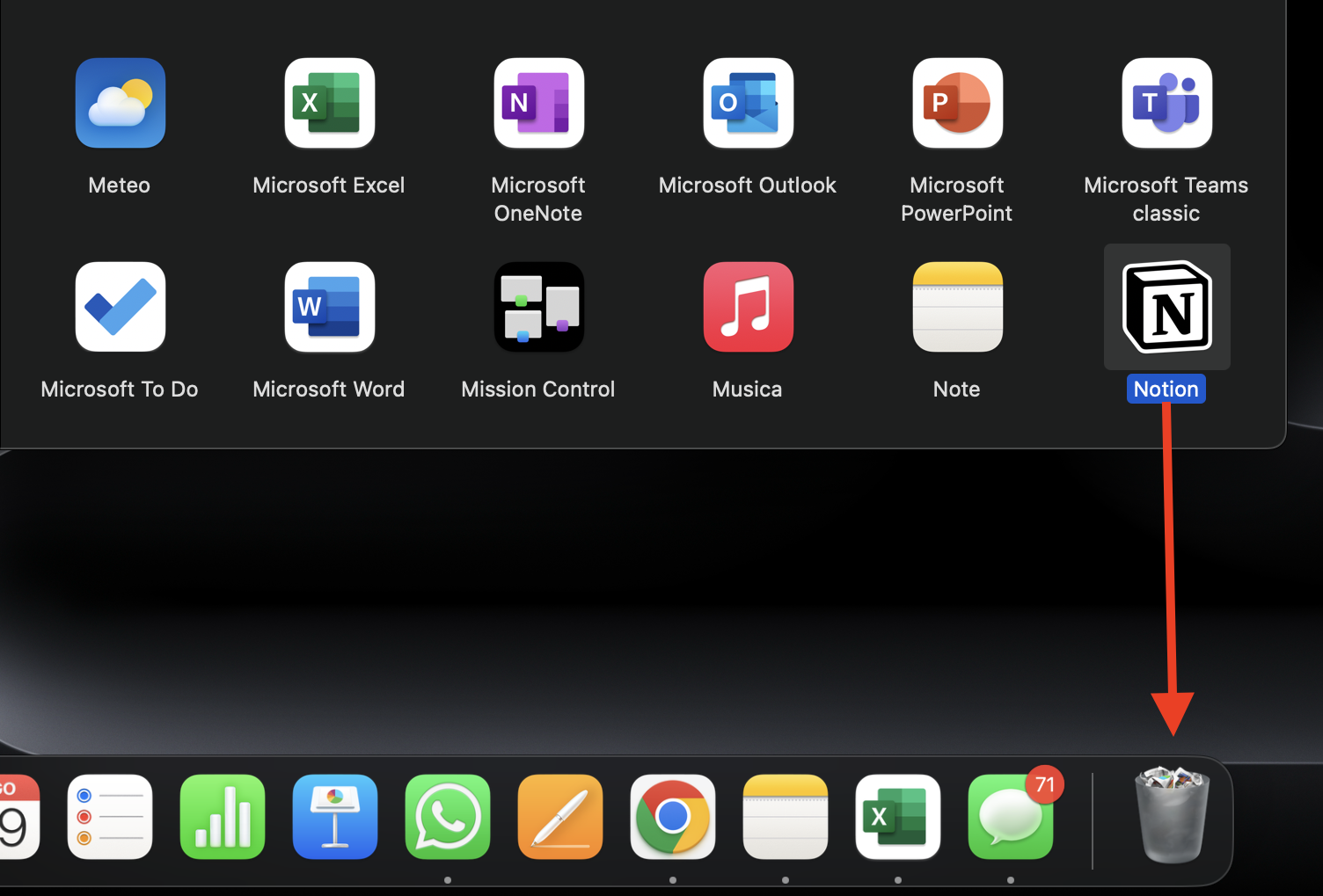 Un elenco di tutte le app installate nella cartella Applicazioni sul Mac. Da qui puoi disinstallare un'app semplicemente trascinandone l'icona nel Cestino del dock.