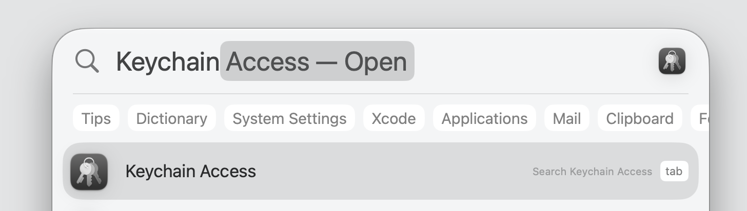 Spotlight search on macOS showing the Keychain Access result to open it and remove old OneDrive logins when OneDrive is damaged on Mac.