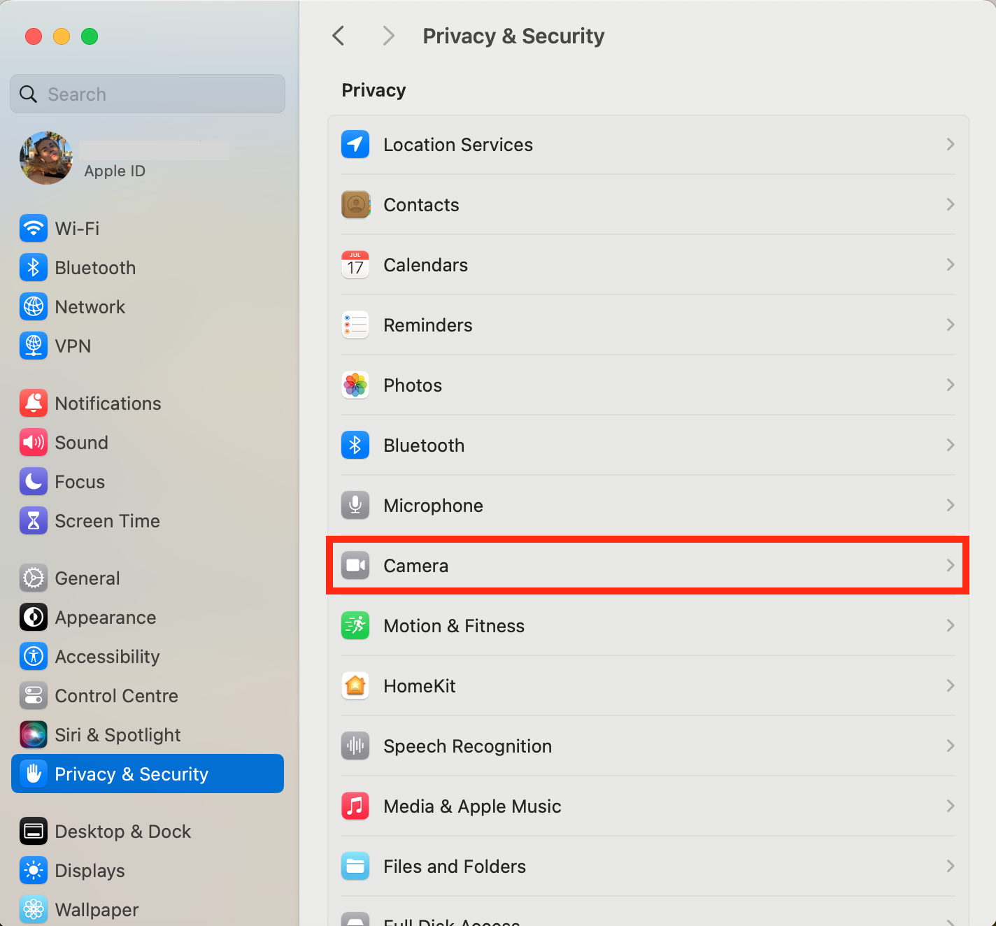 Mac Privacy & Security settings with Camera highlighted, guiding how to add Chrome to Security and Privacy on Mac.