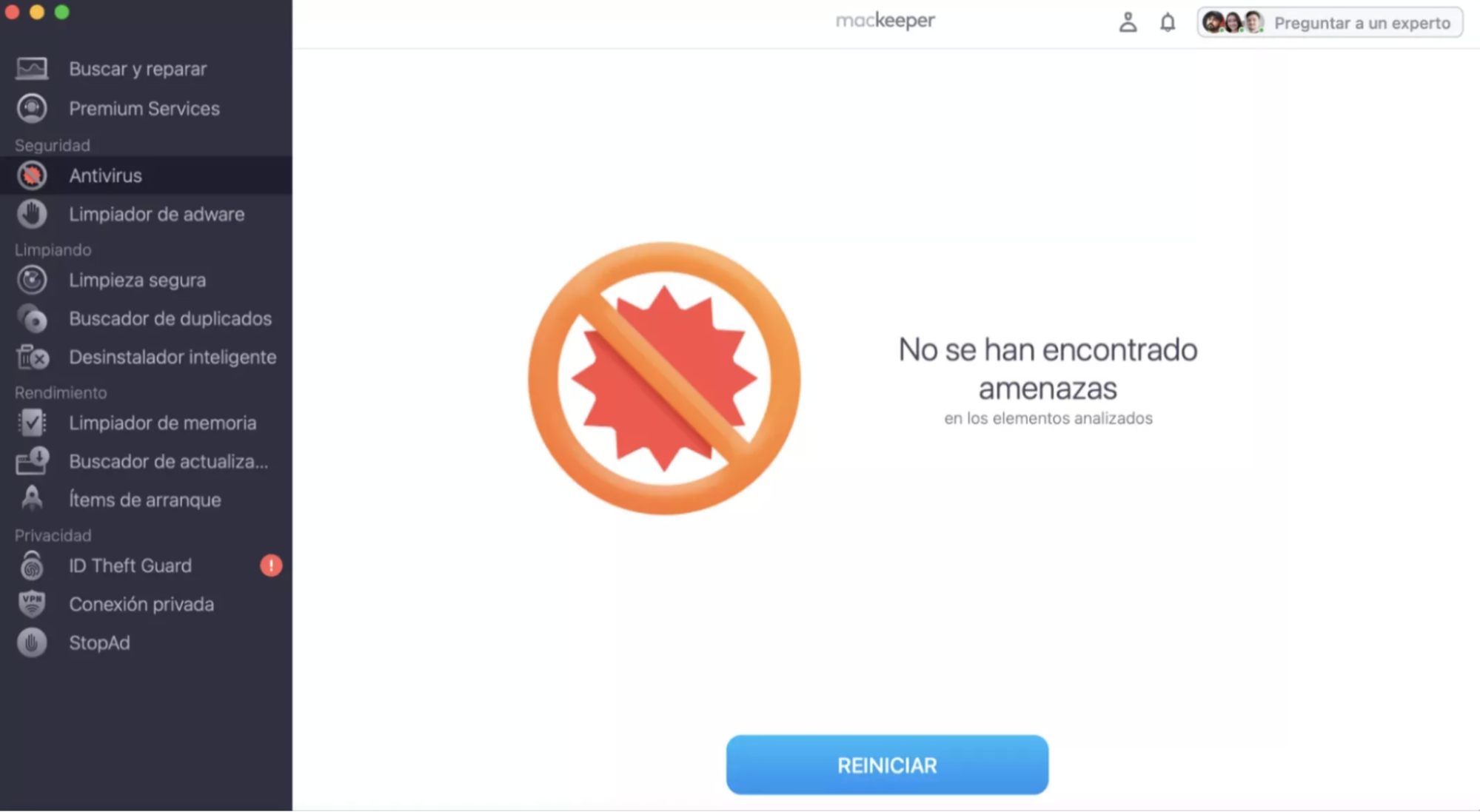El Antivirus de MacKeeper, después de que un escaneo ha terminado y no se encontraron amenazas. Cómo ejecutar un escaneo de virus, parte de una guía sobre cómo eliminar las ventanas emergentes falsas de McAfee en Mac.
