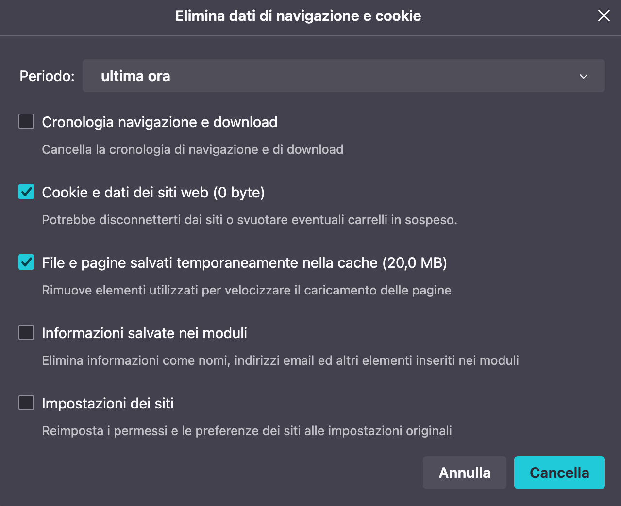 Nella finestra pop-up che si apre, seleziona i dati che vuoi rimuovere e conferma l'azione cliccando sul pulsante Cancella